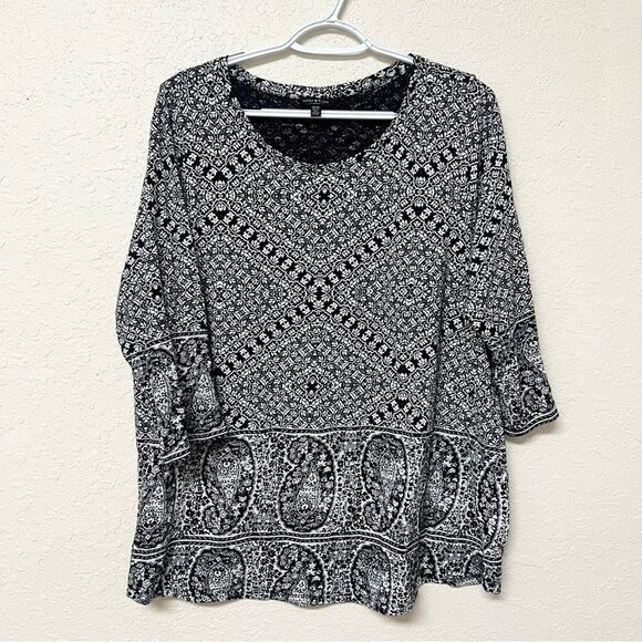 Lucky Brand Tops - Lucky Brand Tunic Blouse Women's Plus Size 1X Black White Paisley 3/4 Sleeve